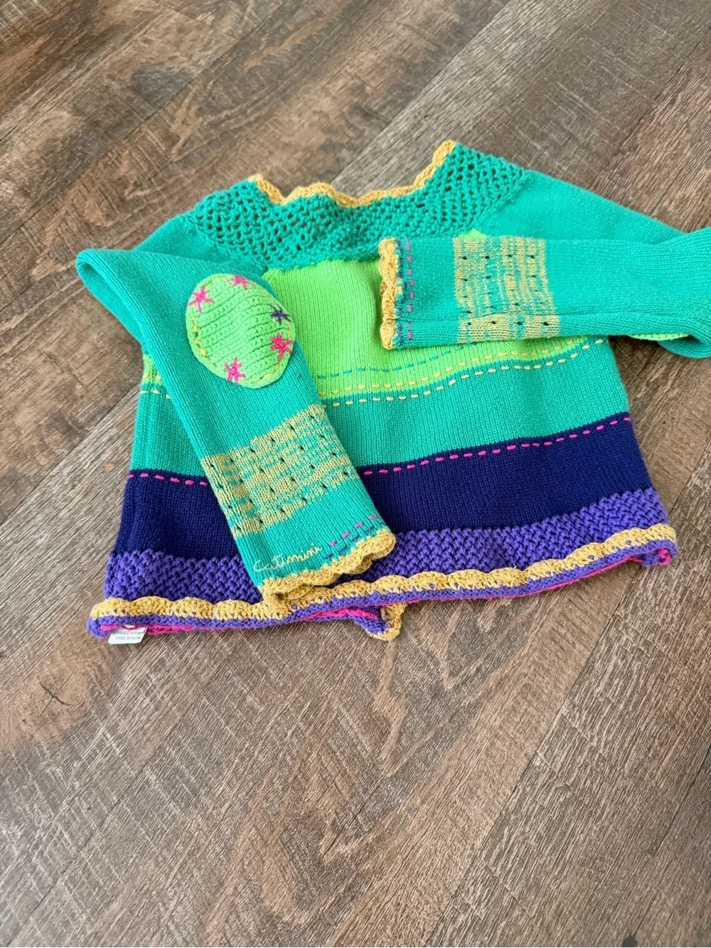 Catimini Green, Teal & Yellow Crochet-Trim Cardigan